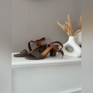 Chloé Taupe & Brown Leather Block Heel Sandals Size 38